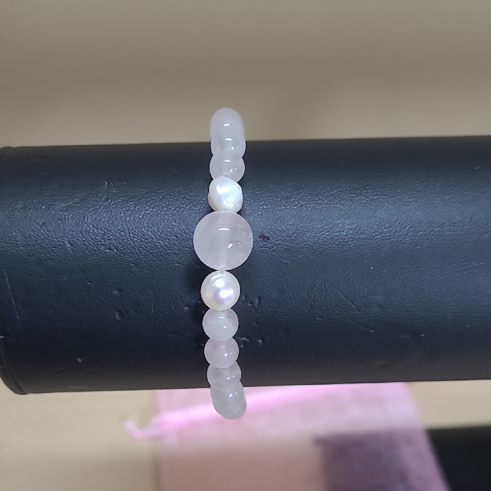 'Pure Love' Rose Quartz/Freshwater Pearl Beaded Bracelet Hand Crafted NWT